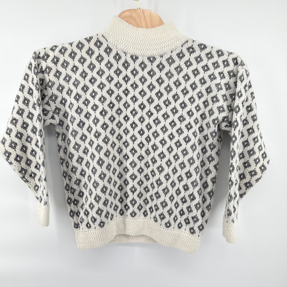 Vintage 80s Fast Turn Geometric Fair Isle Knit Mock Neck Sweater Ivory Black S